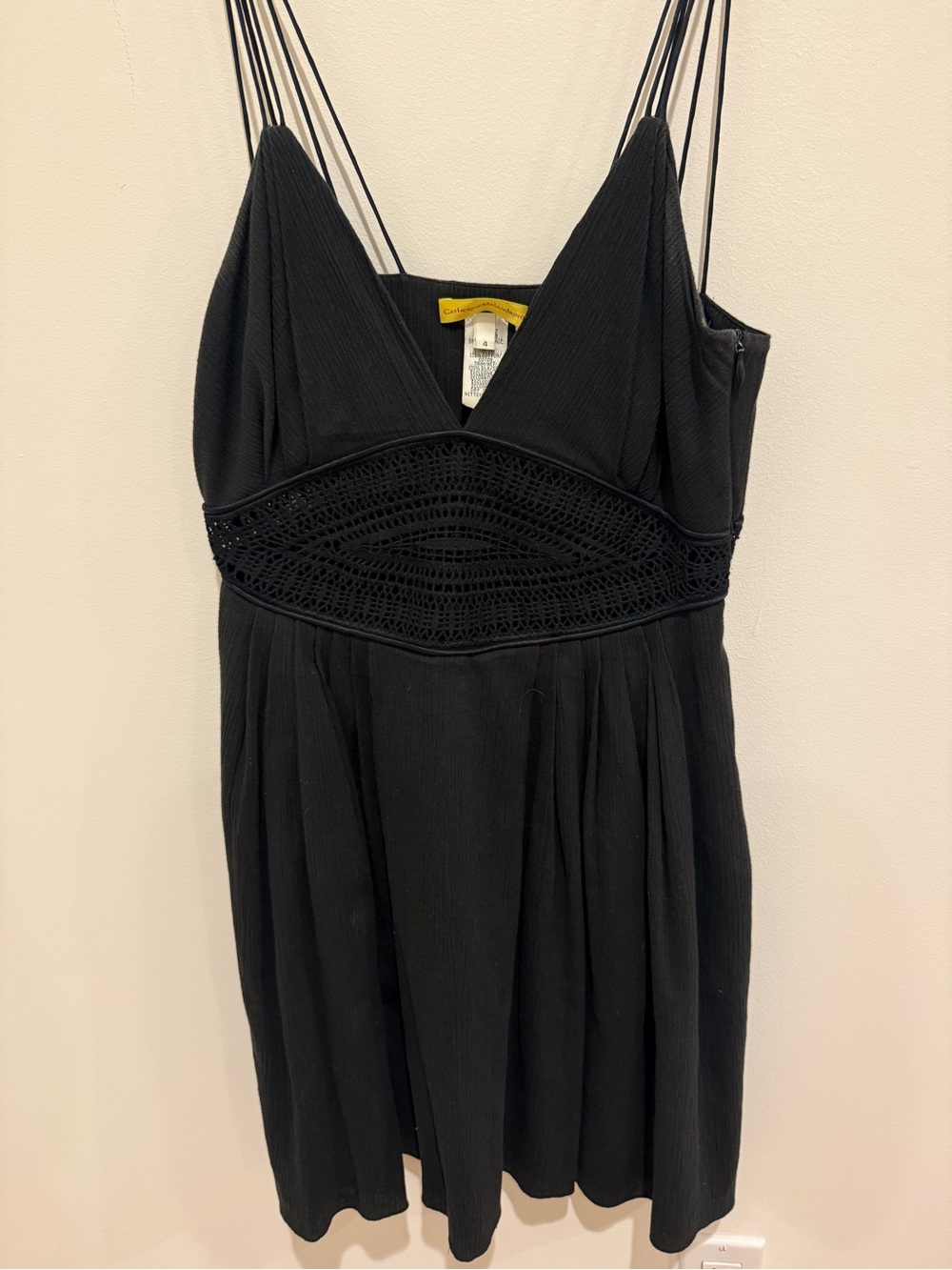Vintage Catherine Malandrino Black Silk Crochet Strap Mini Dress Y2K Size 4